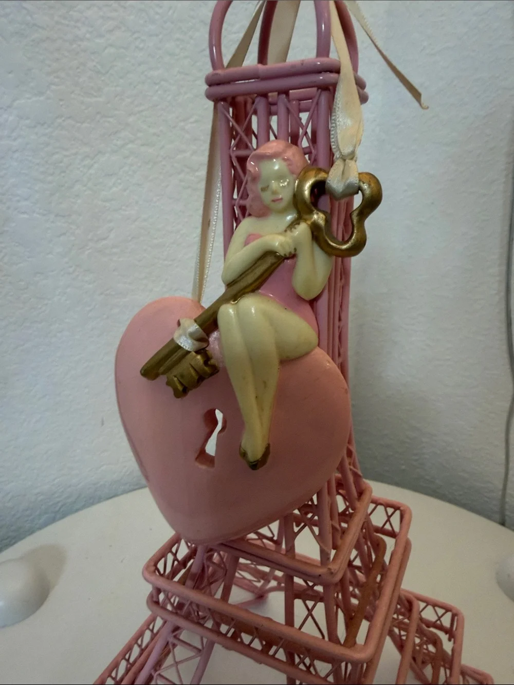 Lady Weird Pink Eiffel Tower Heart Ornament with Key Accent
